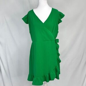 Emma & Michele Sz L Faux Wrap Romper Women's Green Ruffle V-Neck‎ Flirty Summer